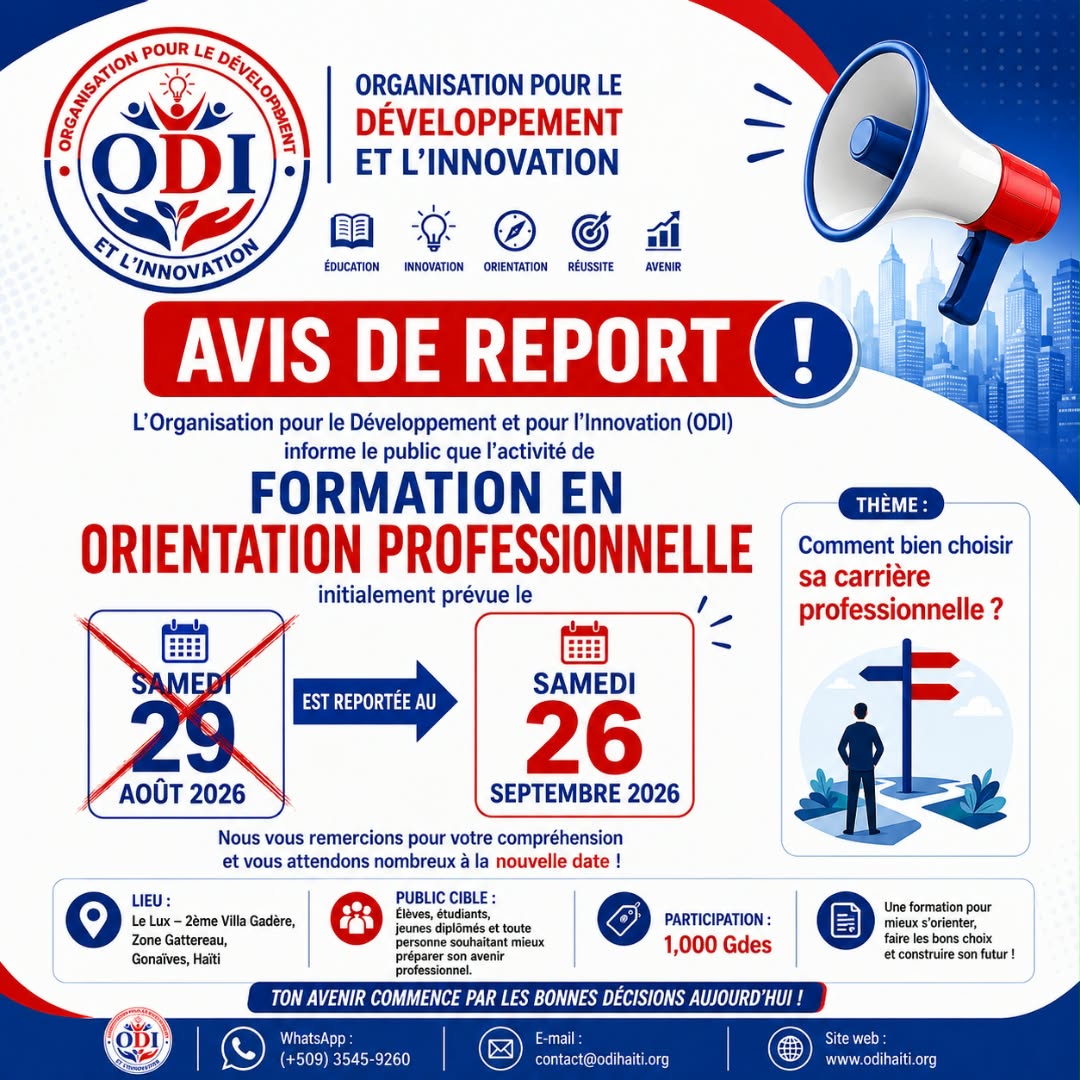 Flyer ODI — Avis de report : Formation en Orientation Professionnelle reportée au samedi 26 septembre 2026 à Gonaïves